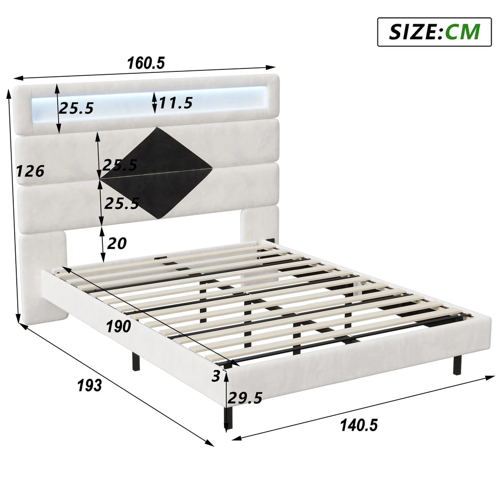 MGMYM bed adult 140x190 cm, Charging and LED function, headboard bed modular, hidden bed feet, slatted box, double bed