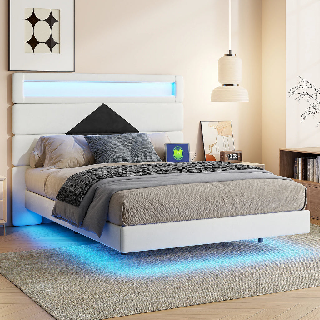 MGMYM bed adult 140x190 cm, Charging and LED function, headboard bed modular, hidden bed feet, slatted box, double bed