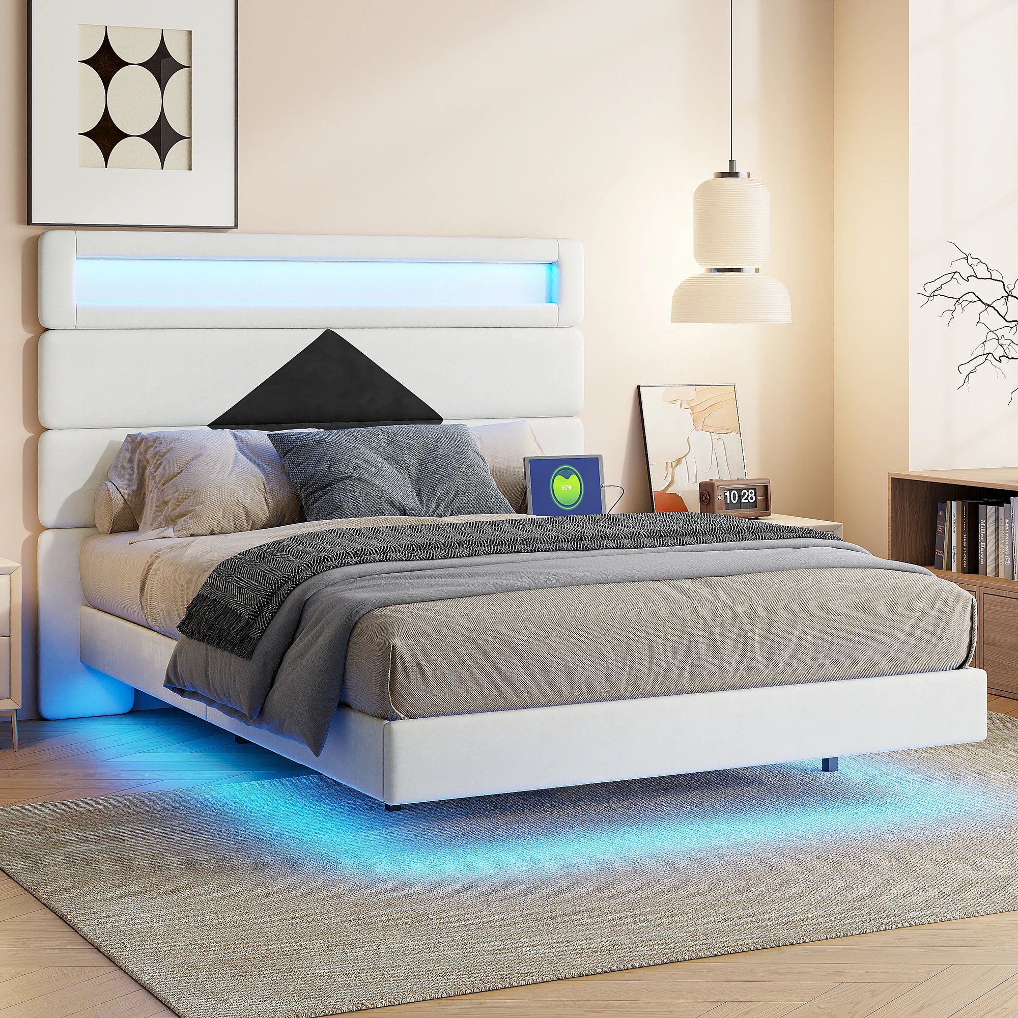 MGMYM bed adult 140x190 cm, Charging and LED function, headboard bed modular, hidden bed feet, slatted box, double bed