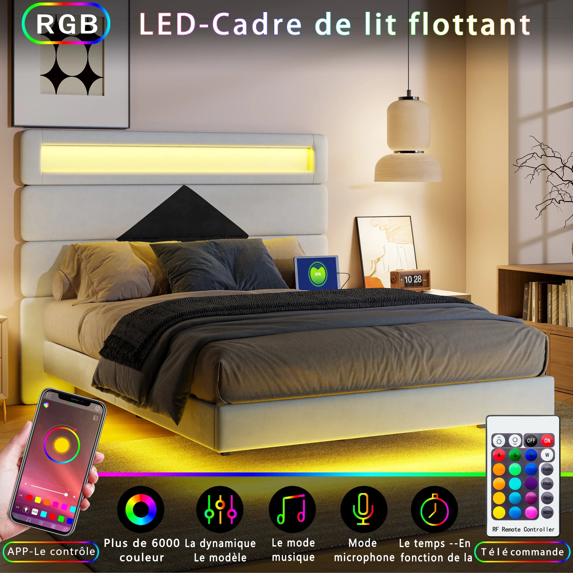 MGMYM bed adult 140x190 cm, Charging and LED function, headboard bed modular, hidden bed feet, slatted box, double bed