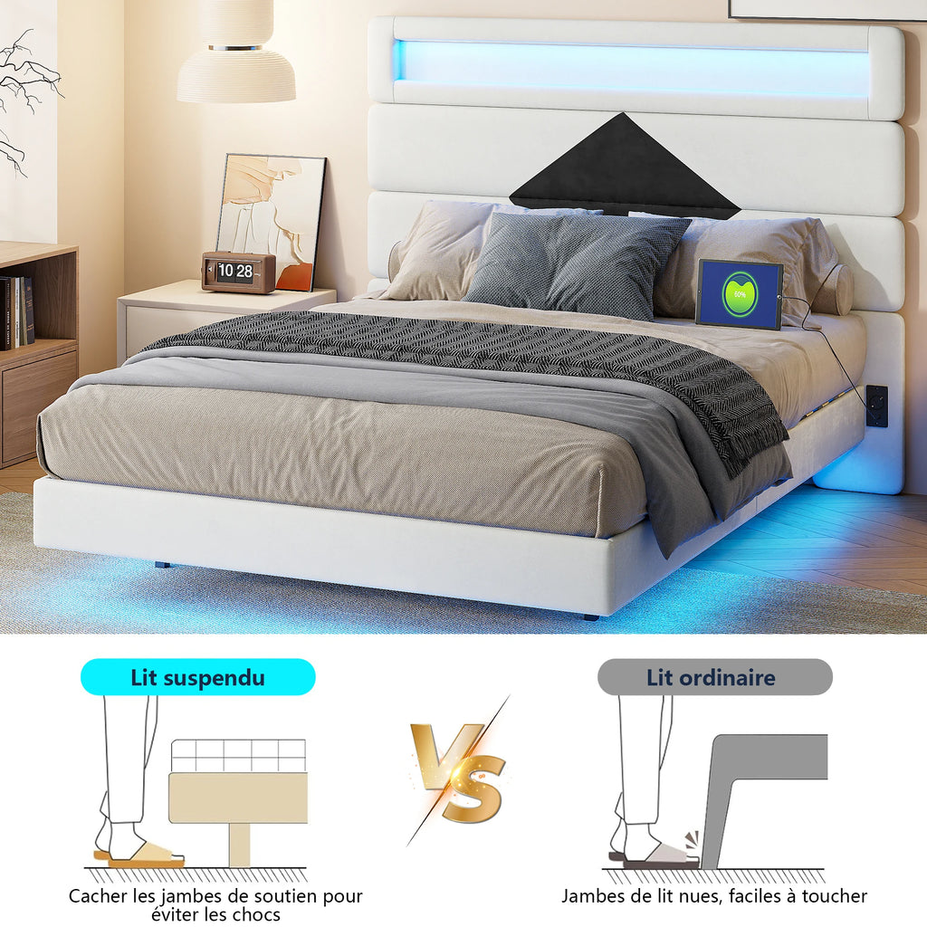 MGMYM bed adult 140x190 cm, Charging and LED function, headboard bed modular, hidden bed feet, slatted box, double bed