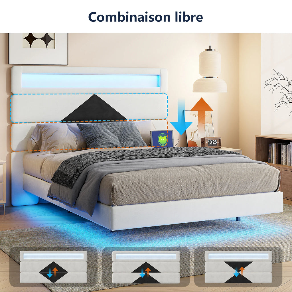 MGMYM bed adult 140x190 cm, Charging and LED function, headboard bed modular, hidden bed feet, slatted box, double bed