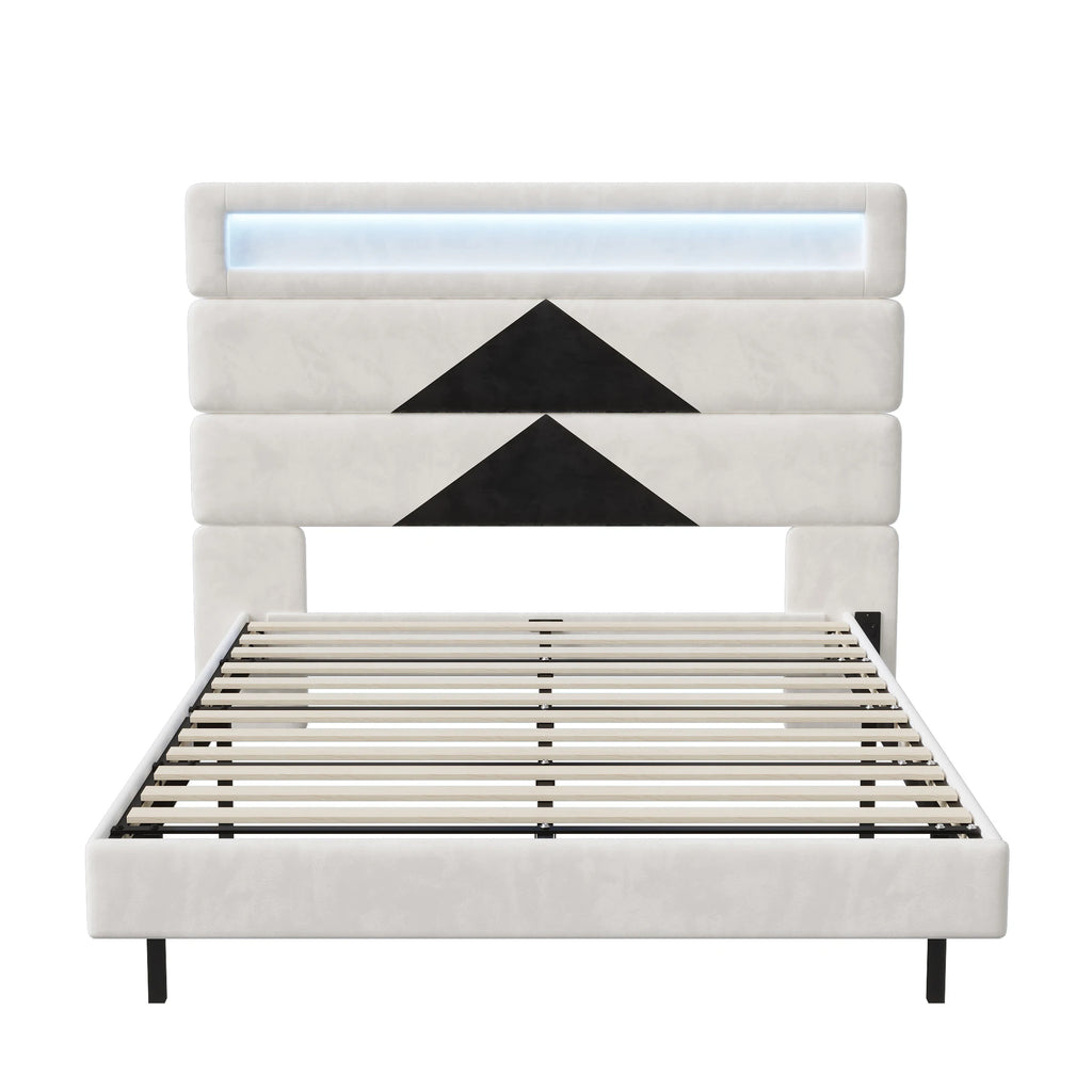 MGMYM bed adult 140x190 cm, Charging and LED function, headboard bed modular, hidden bed feet, slatted box, double bed