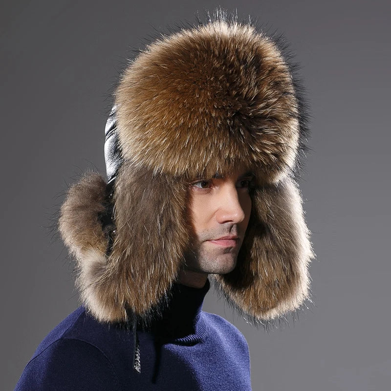 New Real Fox Fur Leather Bomber Russia Bomber Winter Hats for Men Winter Thick Warm Cap Ear Flaps