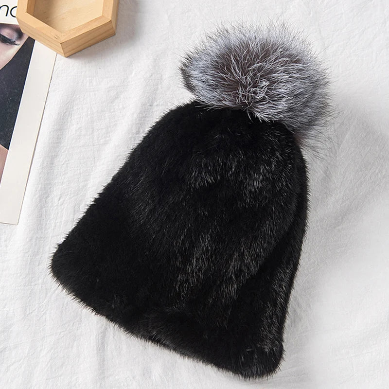 Winter Real Mink Fine Strip Weaving Beanie for Women Colorful Hand Knitted Mink Fur Hats With Real Fox Fur Pompom Warm Ski Hats