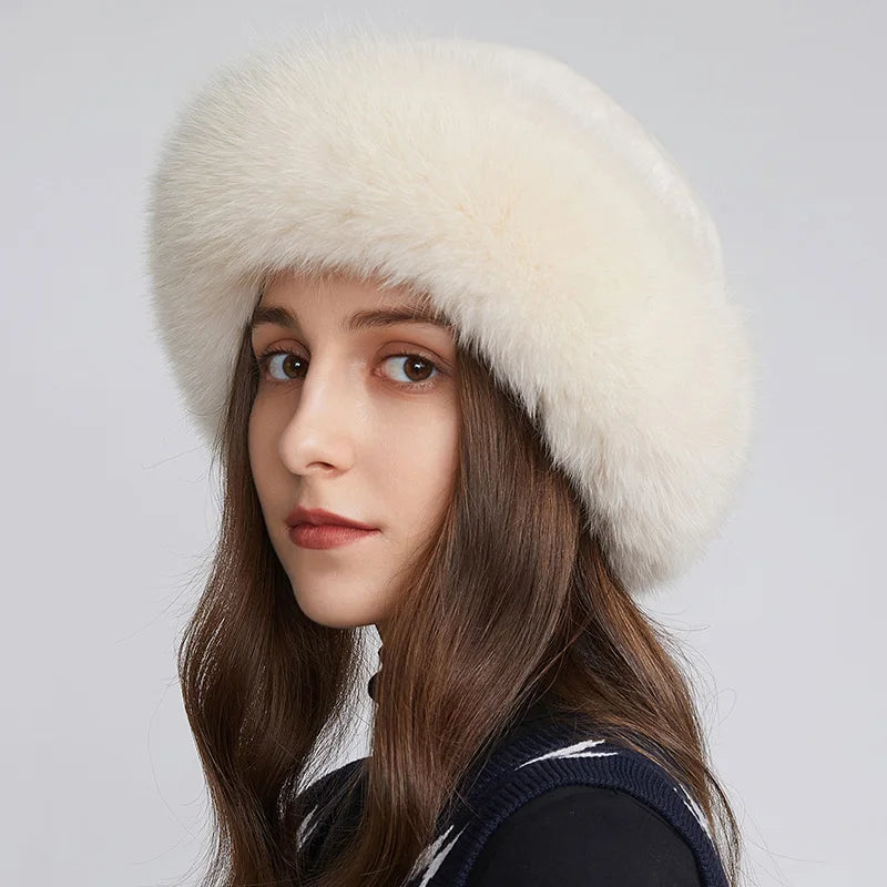 Women Winter Rabbit Fur Hats Thick Warm Female Fox Fur Brim Caps Lined Russia Style Bowler Hats Whole Fur Dome Beanies Ski Hat