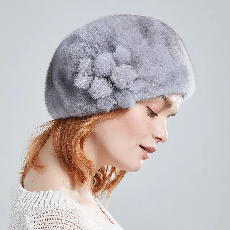 Wholesale Winter Elegant Fur Beret Hats for Women Real Whole Mink Fur Beret With Fur Flowers Luxurious French Style  Hats