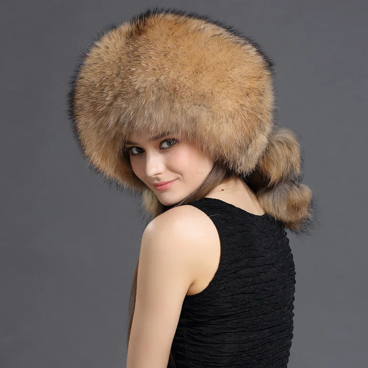 Winter Women's 100% Real fox Fur Bomber Hat Raccoon Fur Ushanka Cap Trapper Russian Man Ski Hats Caps Real Leather