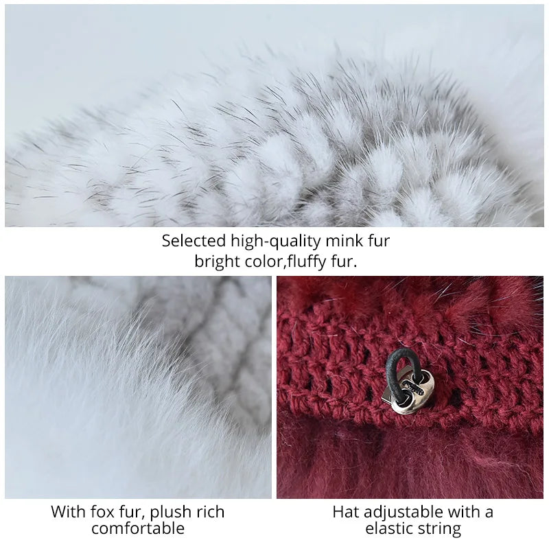 RTS Winter Real Fur Hats  for Women Wholesale Warm Bucket Caps Natural Mink Fur With Fox Fur Hat With Custom Logo