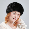 Wholesale Winter Elegant Fur Beret Hats for Women Real Whole Mink Fur Beret With Fur Flowers Luxurious French Style  Hats