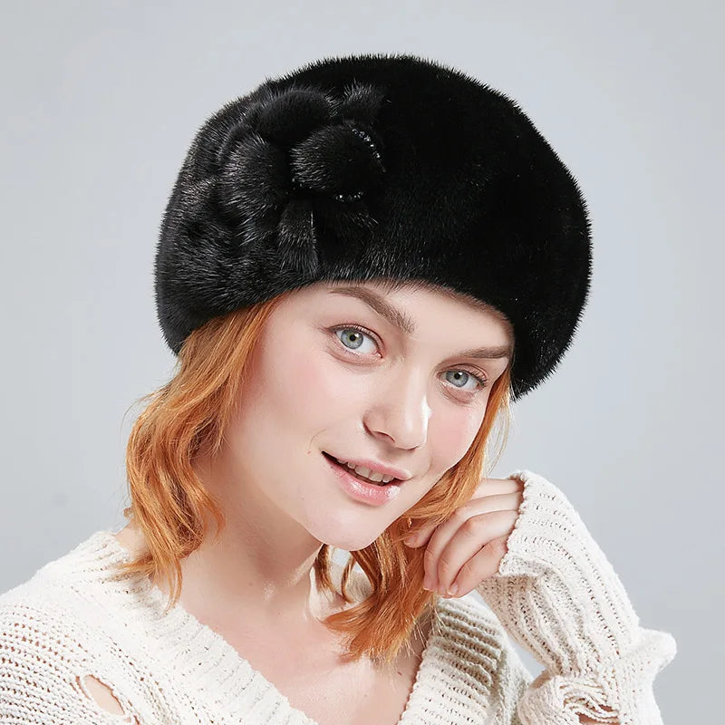 Wholesale Winter Elegant Fur Beret Hats for Women Real Whole Mink Fur Beret With Fur Flowers Luxurious French Style  Hats