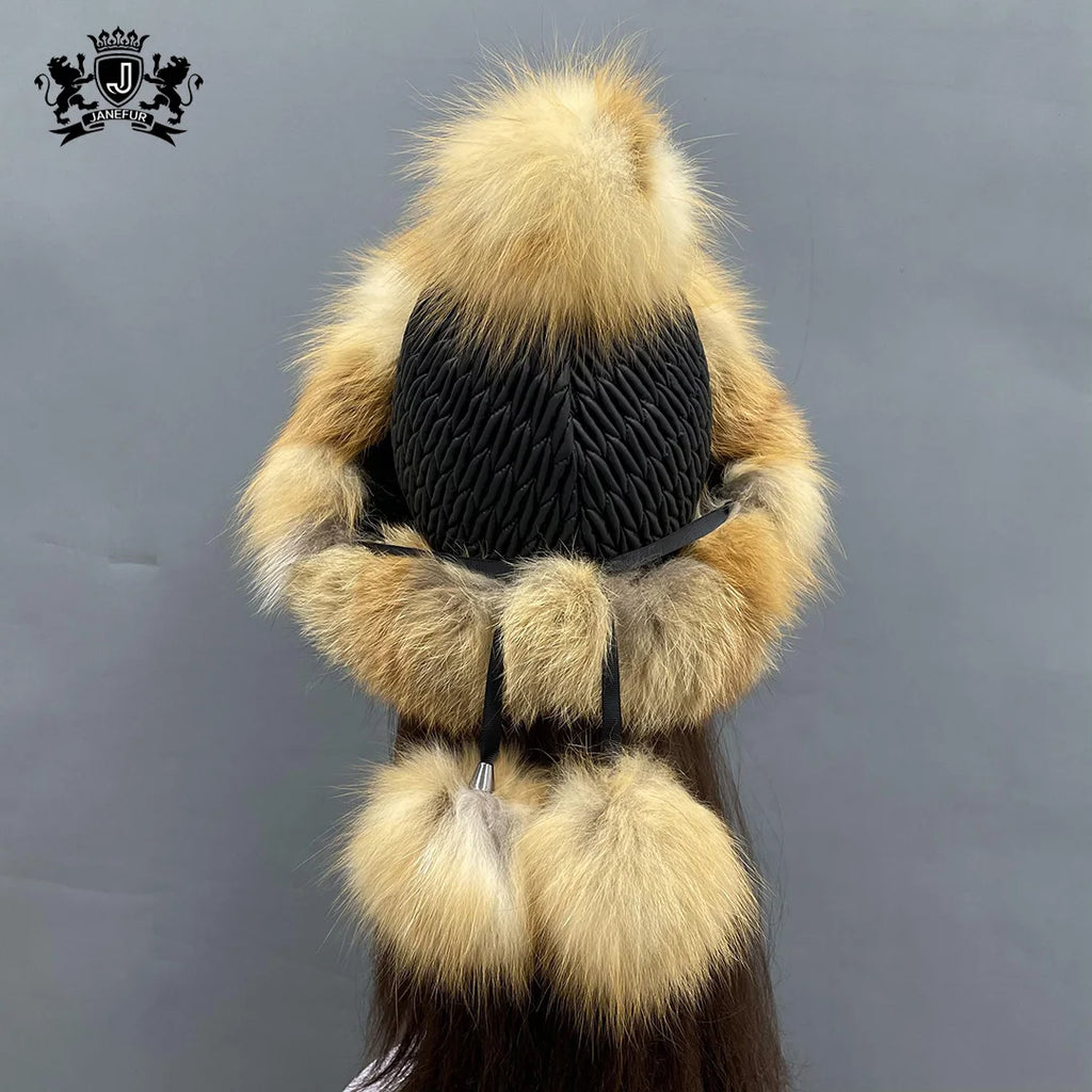 Janefur Luxury Real Raccoon Fur Russian Earflap Hat Women Winter Classic Style Pom Pom Natural Fox Fur Hats