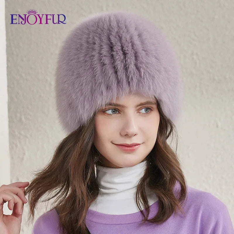 ENJOYFUR women winter fur hat genuine fox fur hats knitted silver fox fur caps female russian bomer caps