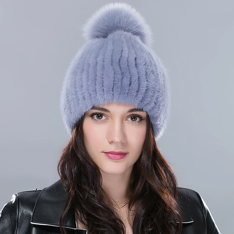 Real Mink Fur Hat Female High Quality Thick Warm Winter Hats for Women Fashion Luxury Knitted Fur Pompom Beanies