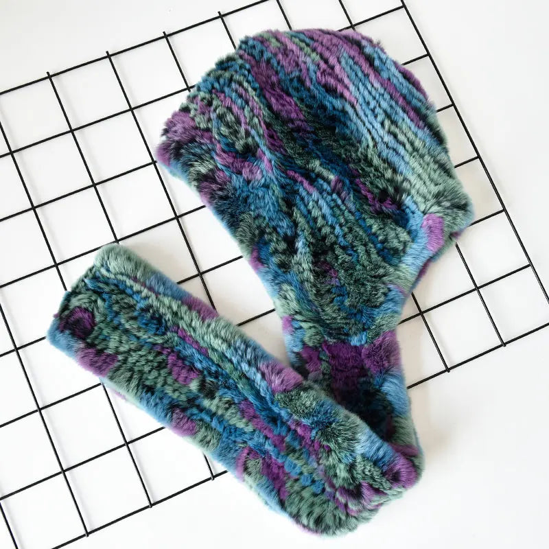 Wholesale Women Knitted Real Rex Rabbit Fur Hat Hooded Scarf Winter Hats for Woman  Warm Natural Fur Hat With Neck Scarves Set
