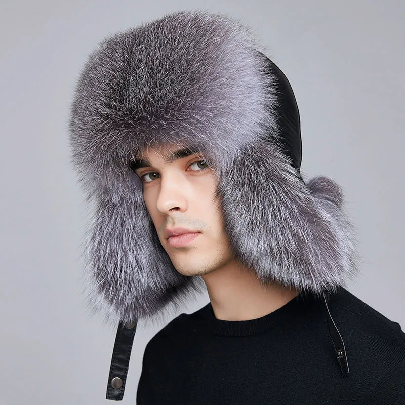 Wholesale Winter Real Leather Bomber Hats for Men Thick Russia Ushanka Trapper Caps Warm Genuine Fox Fur Hunting Caps Ski Hat