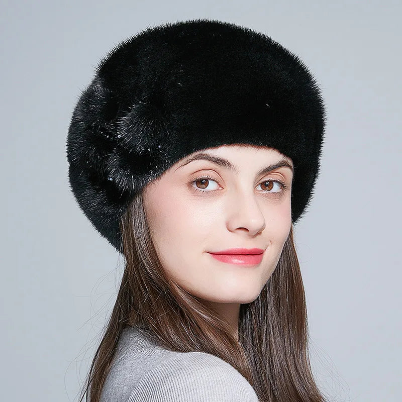 Wholesale Mink Fur Winter Hats Women Real Mink Fur Berets Warm Genuine Fur Caps With Flower New Female Hat