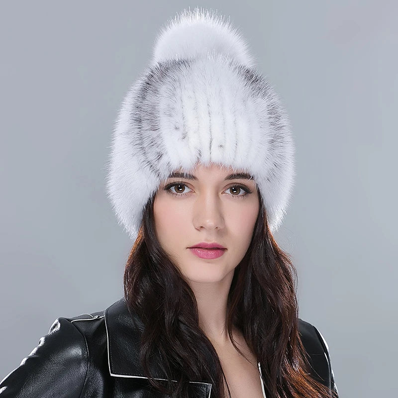 Real Mink Fur Hat Female High Quality Thick Warm Winter Hats for Women Fashion Luxury Knitted Fur Pompom Beanies