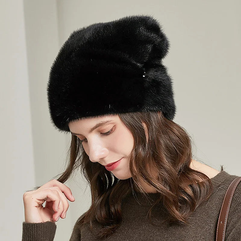 Women Winter Whole Mink Fur Hats Hand-Sewn Fashion Genuine Fur Bonnets Warm Female Casual Ski Designer Earflap Beanies Hats