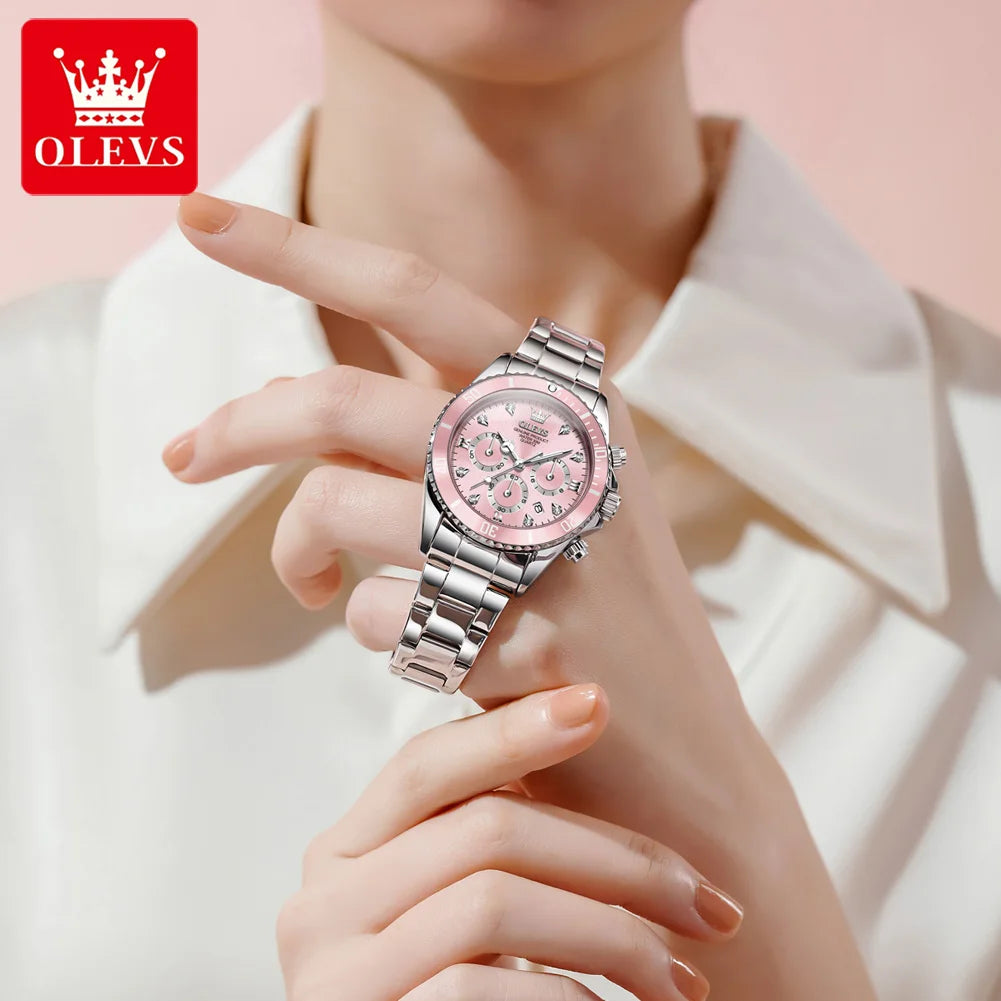 Olevs 5632 Quartz Watch for Women Fashion Sports Chronograph Luminous Calendar Diamond Logo 18mm Alloy Multi-Functional Gift