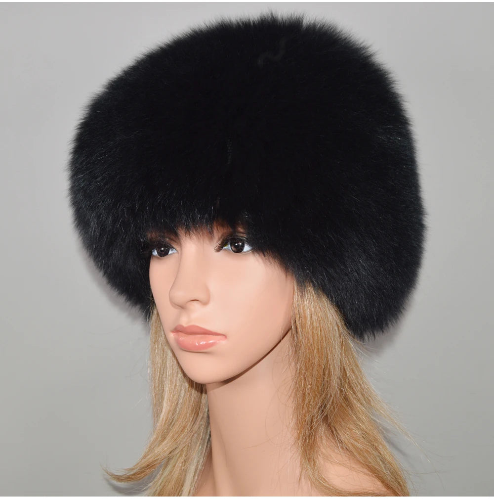 MWFur Luxury Winter Thicken Fur Hats Knitted Girls Warm Beanies Elastic Furry Fox Fur Hat for Women