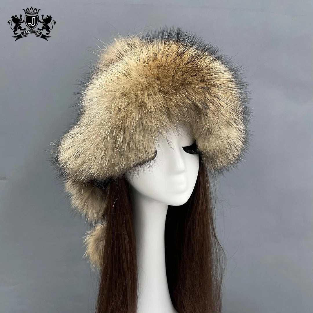 Janefur Luxury Real Raccoon Fur Russian Earflap Hat Women Winter Classic Style Pom Pom Natural Fox Fur Hats
