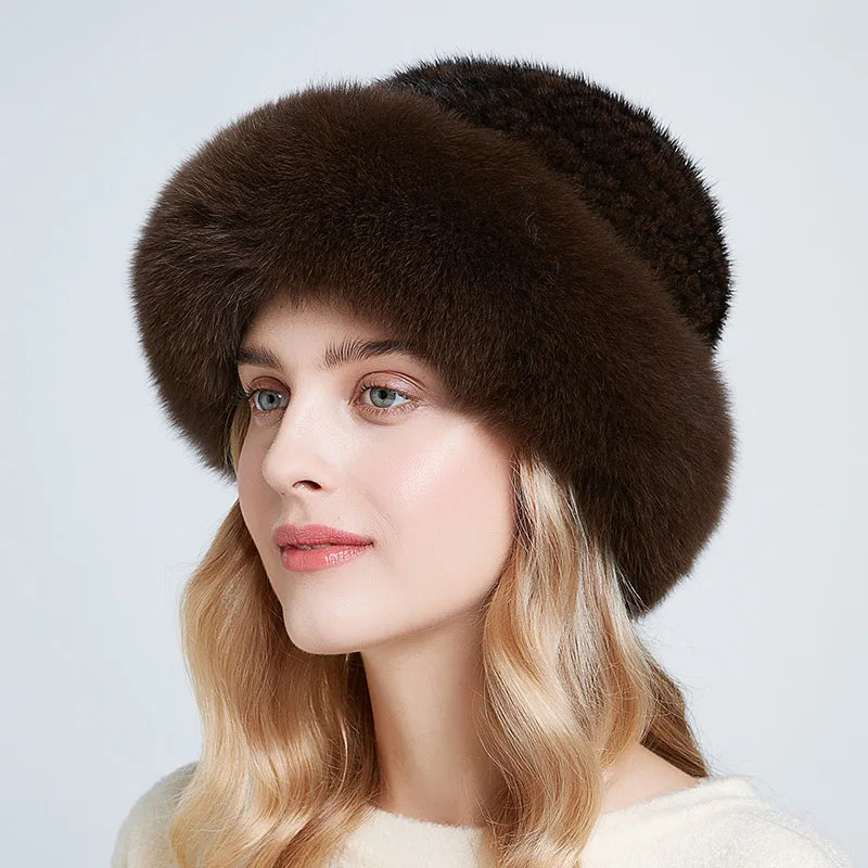 RTS Winter Real Fur Hats  for Women Wholesale Warm Bucket Caps Natural Mink Fur With Fox Fur Hat With Custom Logo