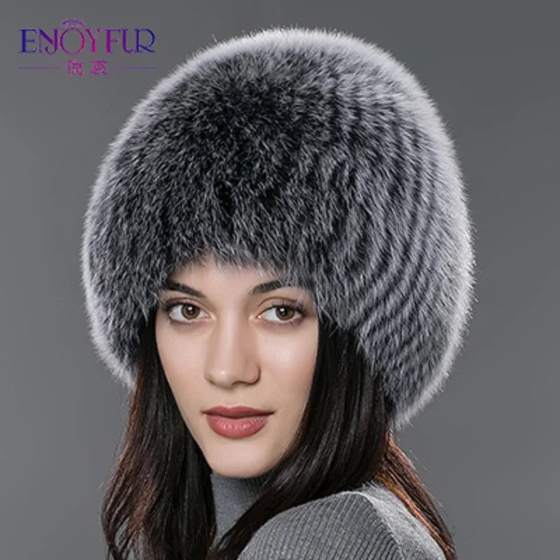 ENJOYFUR women winter fur hat genuine fox fur hats knitted silver fox fur caps female russian bomer caps