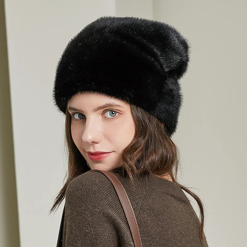 Women Winter Whole Mink Fur Hats Hand-Sewn Fashion Genuine Fur Bonnets Warm Female Casual Ski Designer Earflap Beanies Hats