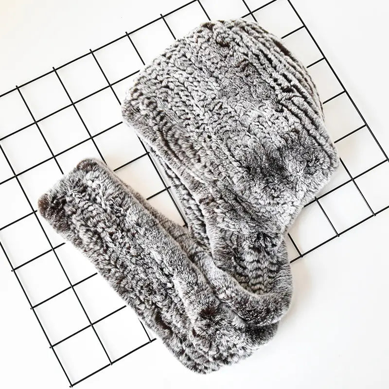 Wholesale Women Knitted Real Rex Rabbit Fur Hat Hooded Scarf Winter Hats for Woman  Warm Natural Fur Hat With Neck Scarves Set