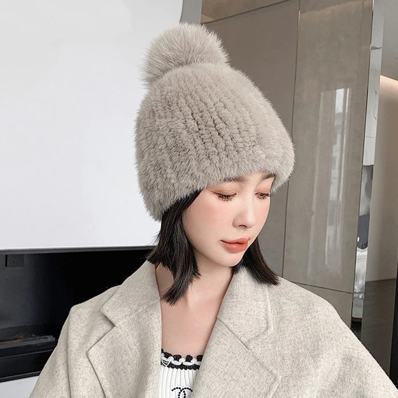 Winter Real Mink Fine Strip Weaving Beanie for Women Colorful Hand Knitted Mink Fur Hats With Real Fox Fur Pompom Warm Ski Hats