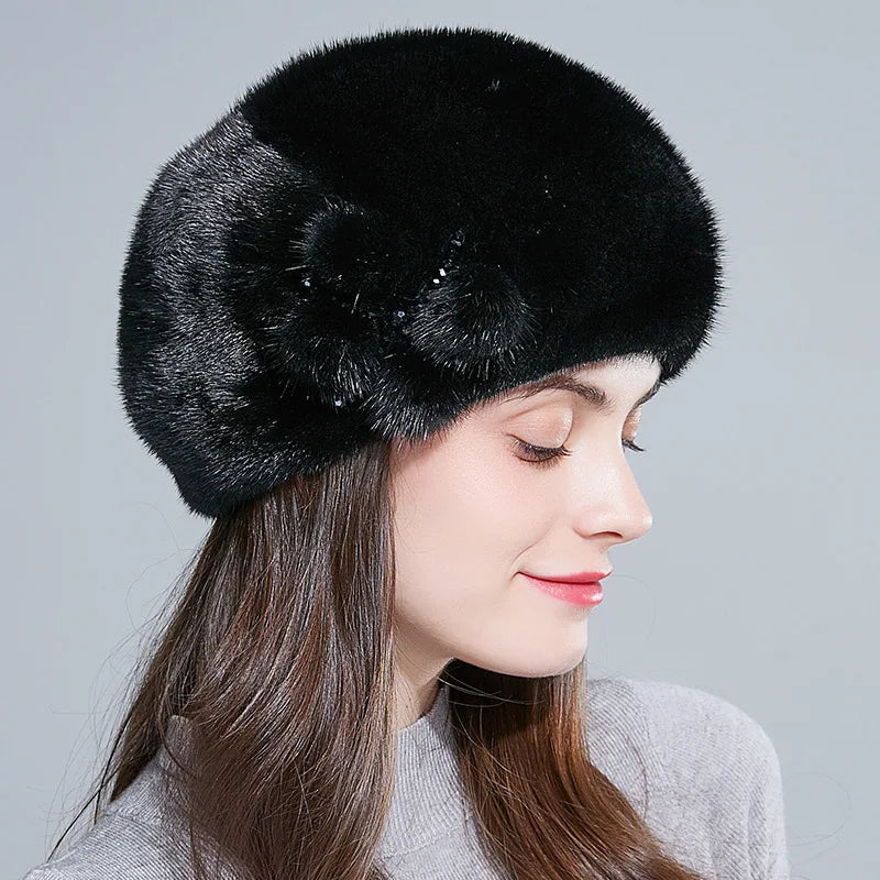 Wholesale Mink Fur Winter Hats Women Real Mink Fur Berets Warm Genuine Fur Caps With Flower New Female Hat