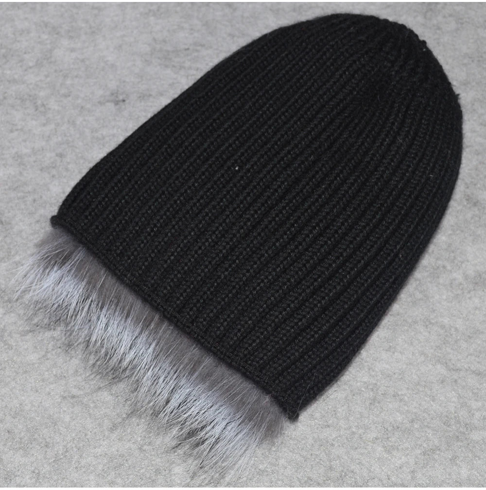MWFur Luxury Winter Thicken Fur Hats Knitted Girls Warm Beanies Elastic Furry Fox Fur Hat for Women