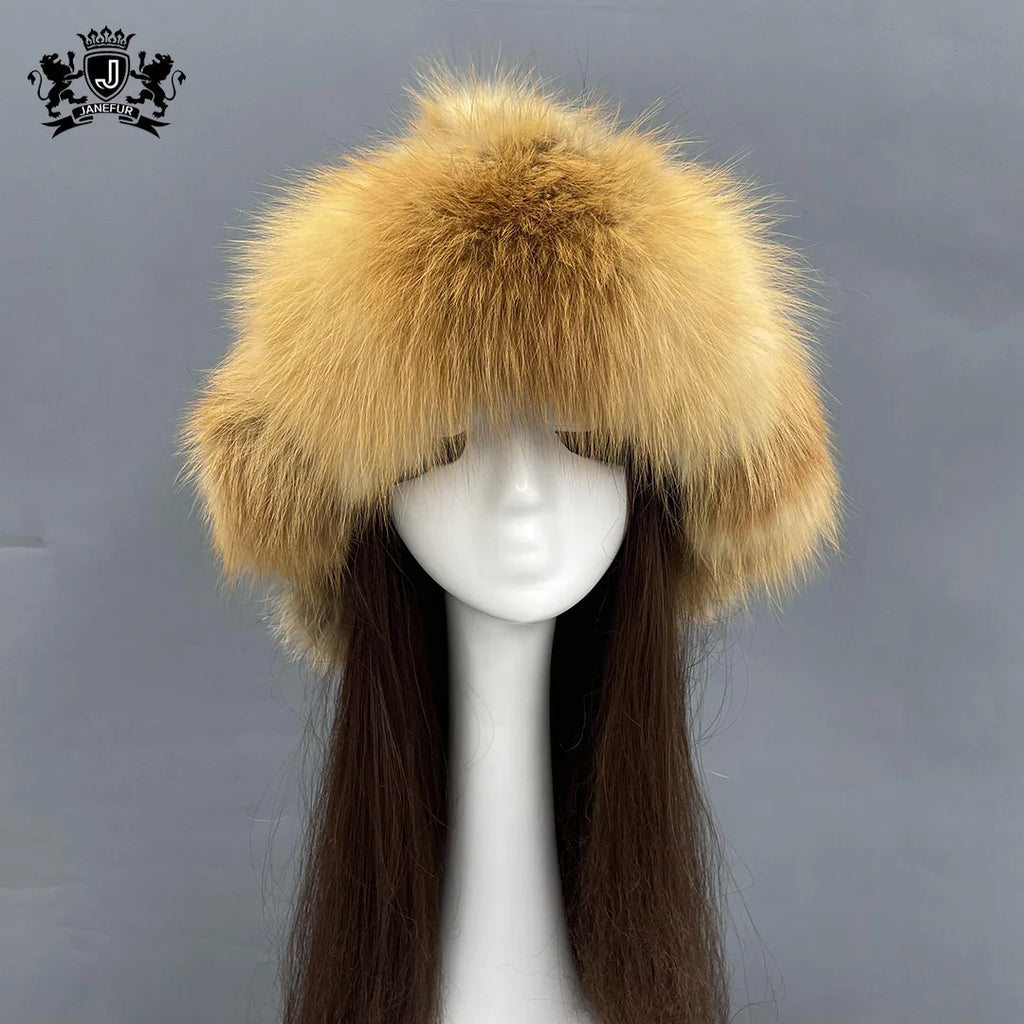 Janefur Luxury Real Raccoon Fur Russian Earflap Hat Women Winter Classic Style Pom Pom Natural Fox Fur Hats