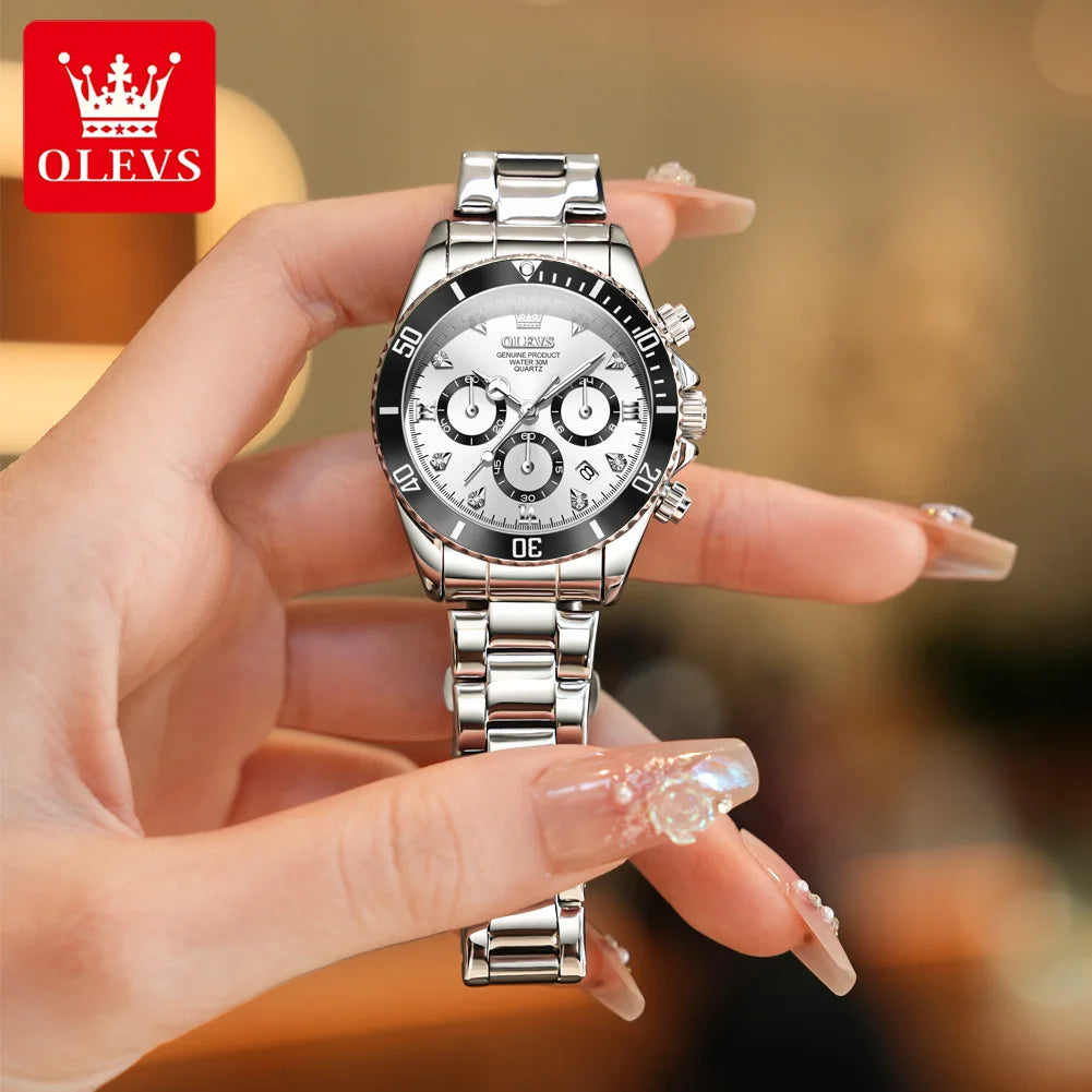 Olevs 5632 Quartz Watch for Women Fashion Sports Chronograph Luminous Calendar Diamond Logo 18mm Alloy Multi-Functional Gift