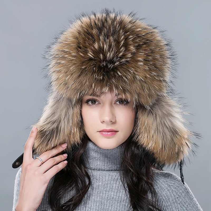 Fashion Fur Winter Bomber Hats Women Men Real Raccoon Fur Earflap Snow Cap Ski Hat Ushanka Trapper Hat for Men