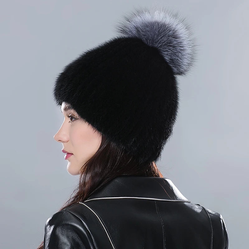Real Mink Fur Hat Female High Quality Thick Warm Winter Hats for Women Fashion Luxury Knitted Fur Pompom Beanies