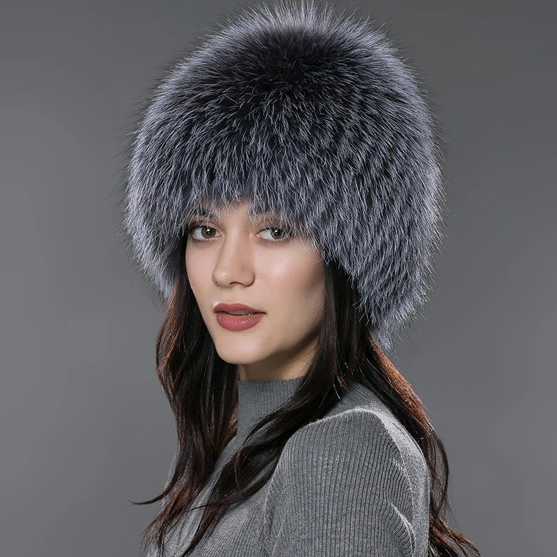 Wholesale Winter Whole Fox Fur Hat for Women Knitted Genuine Fur Beanie With Lining Warm Silver Fox Fur Caps Bomber Cap Ski Hats