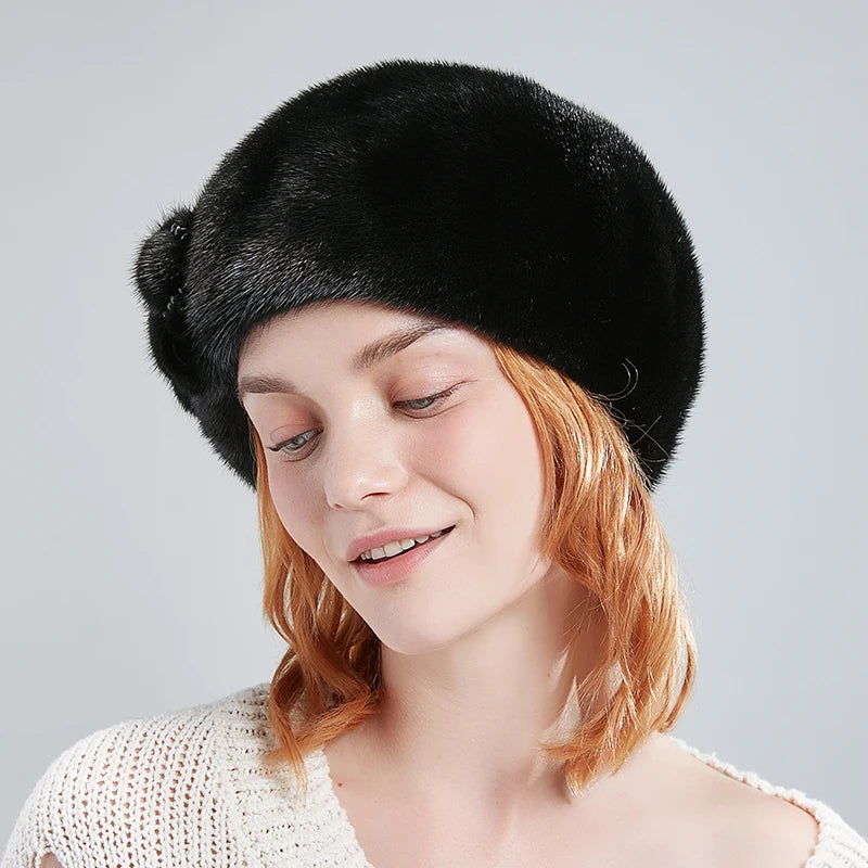 Wholesale Winter Elegant Fur Beret Hats for Women Real Whole Mink Fur Beret With Fur Flowers Luxurious French Style  Hats