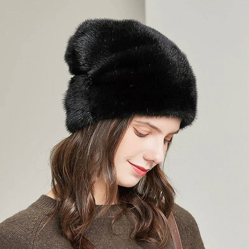 Women Winter Whole Mink Fur Hats Hand-Sewn Fashion Genuine Fur Bonnets Warm Female Casual Ski Designer Earflap Beanies Hats