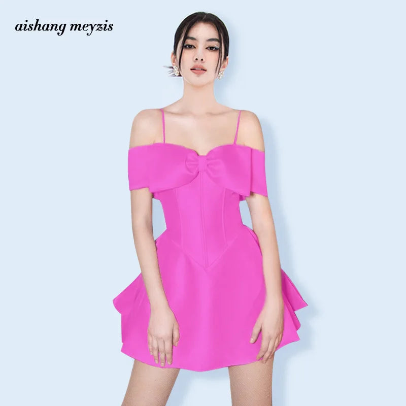 Rose Red Sexy One Shoulder Bowtie Sweet Slim Fit Dress with Hanging Strap