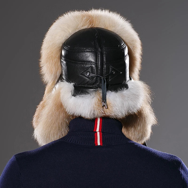 New Real Fox Fur Leather Bomber Russia Bomber Winter Hats for Men Winter Thick Warm Cap Ear Flaps