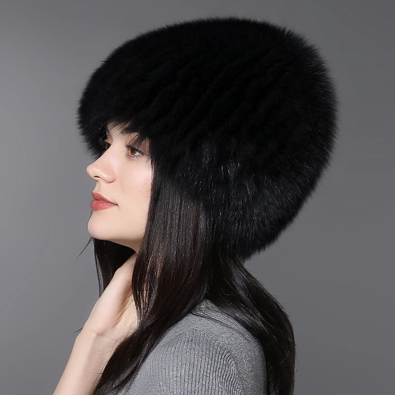 Wholesale Winter Whole Fox Fur Hat for Women Knitted Genuine Fur Beanie With Lining Warm Silver Fox Fur Caps Bomber Cap Ski Hats