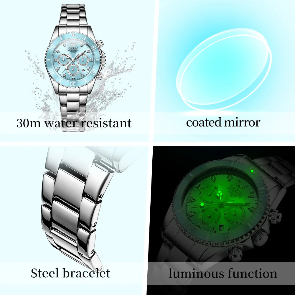 Olevs 5632 Quartz Watch for Women Fashion Sports Chronograph Luminous Calendar Diamond Logo 18mm Alloy Multi-Functional Gift