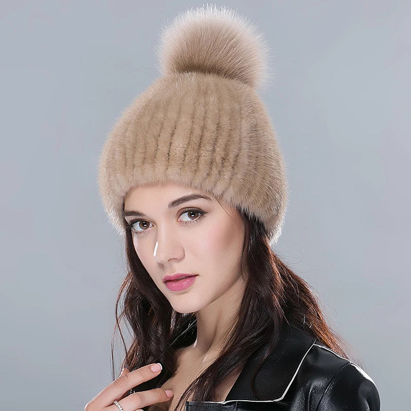 Real Mink Fur Hat Female High Quality Thick Warm Winter Hats for Women Fashion Luxury Knitted Fur Pompom Beanies