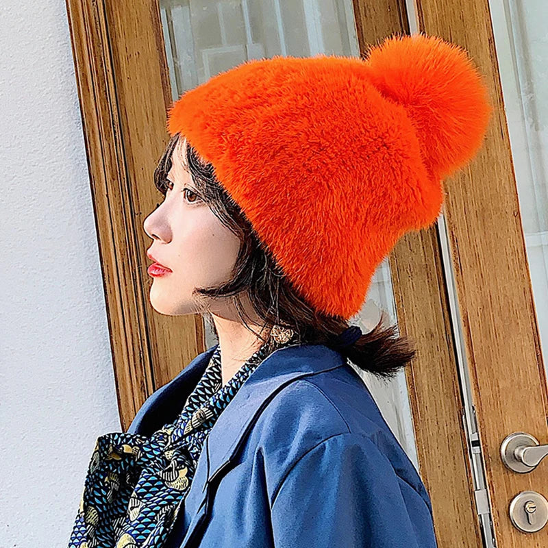 Winter Real Mink Fine Strip Weaving Beanie for Women Colorful Hand Knitted Mink Fur Hats With Real Fox Fur Pompom Warm Ski Hats