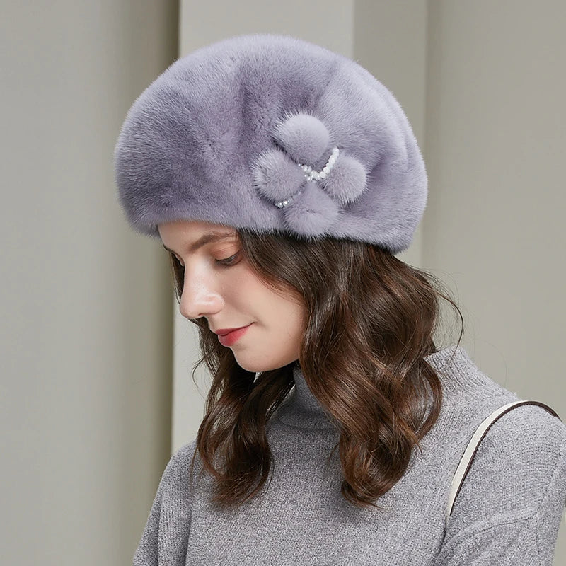 Wholesale Mink Fur Winter Hats Women Real Mink Fur Berets Warm Genuine Fur Caps With Flower New Female Hat