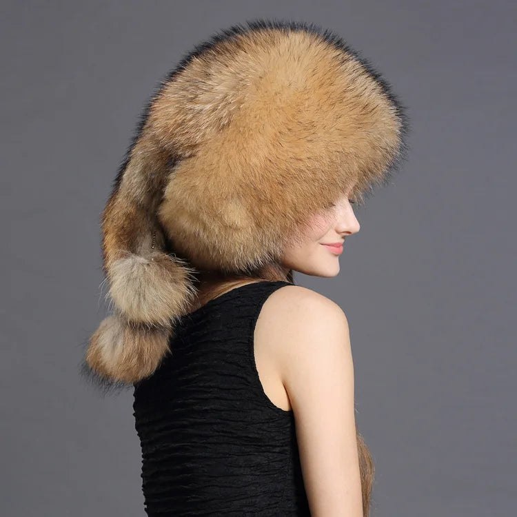 Winter Women's 100% Real fox Fur Bomber Hat Raccoon Fur Ushanka Cap Trapper Russian Man Ski Hats Caps Real Leather