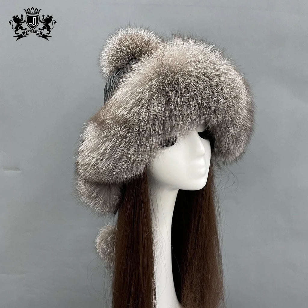 Janefur Luxury Real Raccoon Fur Russian Earflap Hat Women Winter Classic Style Pom Pom Natural Fox Fur Hats