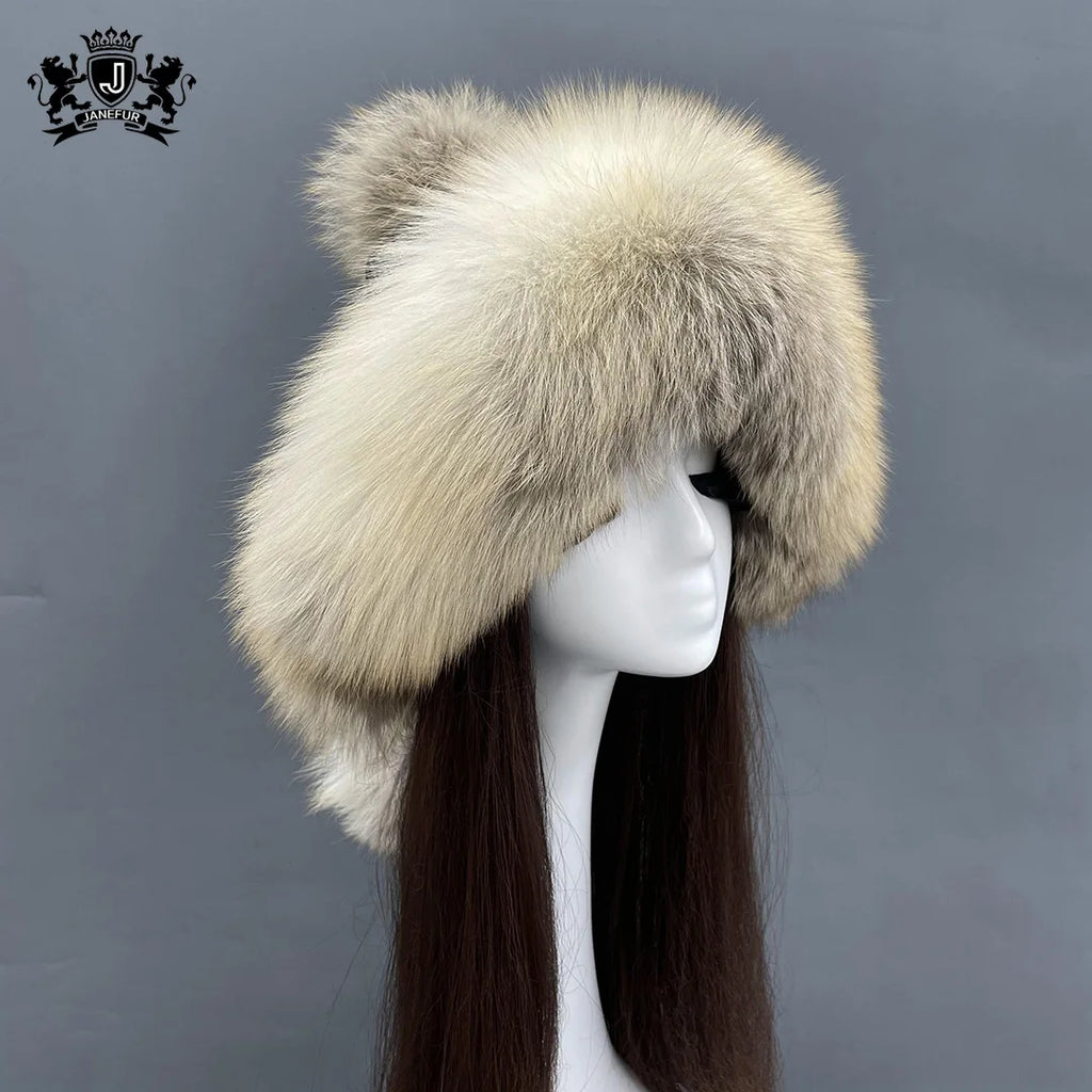 Janefur Luxury Real Raccoon Fur Russian Earflap Hat Women Winter Classic Style Pom Pom Natural Fox Fur Hats